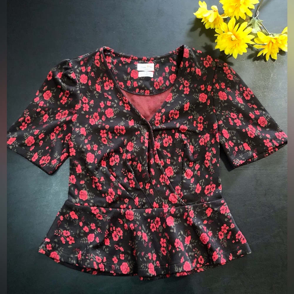 Anthropologie Meadow Rue Heartland Rose Floral Peplum Faux Wrap Blouse XS